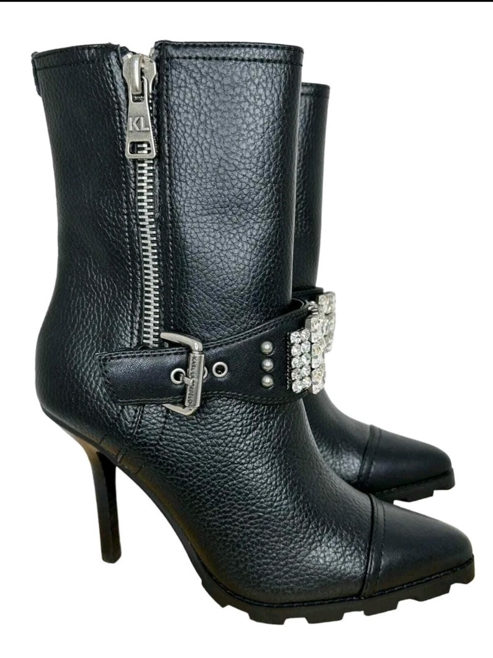 Karl Lagerfeld Black Leather Crystal Buckle Stiletto Ankle Boots